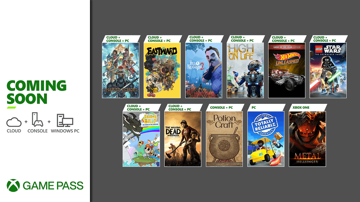 December is looking pretty great for #XboxGamePass.

This month, look forward to playing:
🧭 Eastward
🏠 Hello Neighbor 2
🔫 High on Life
🚗 Hot Wheels Unleashed
🌌 LEGO Star Wars: The Skywalker Saga
🧟‍ The Walking Dead: The Final Season
➕ And more!

❎ ms.spr.ly/6014eElrI