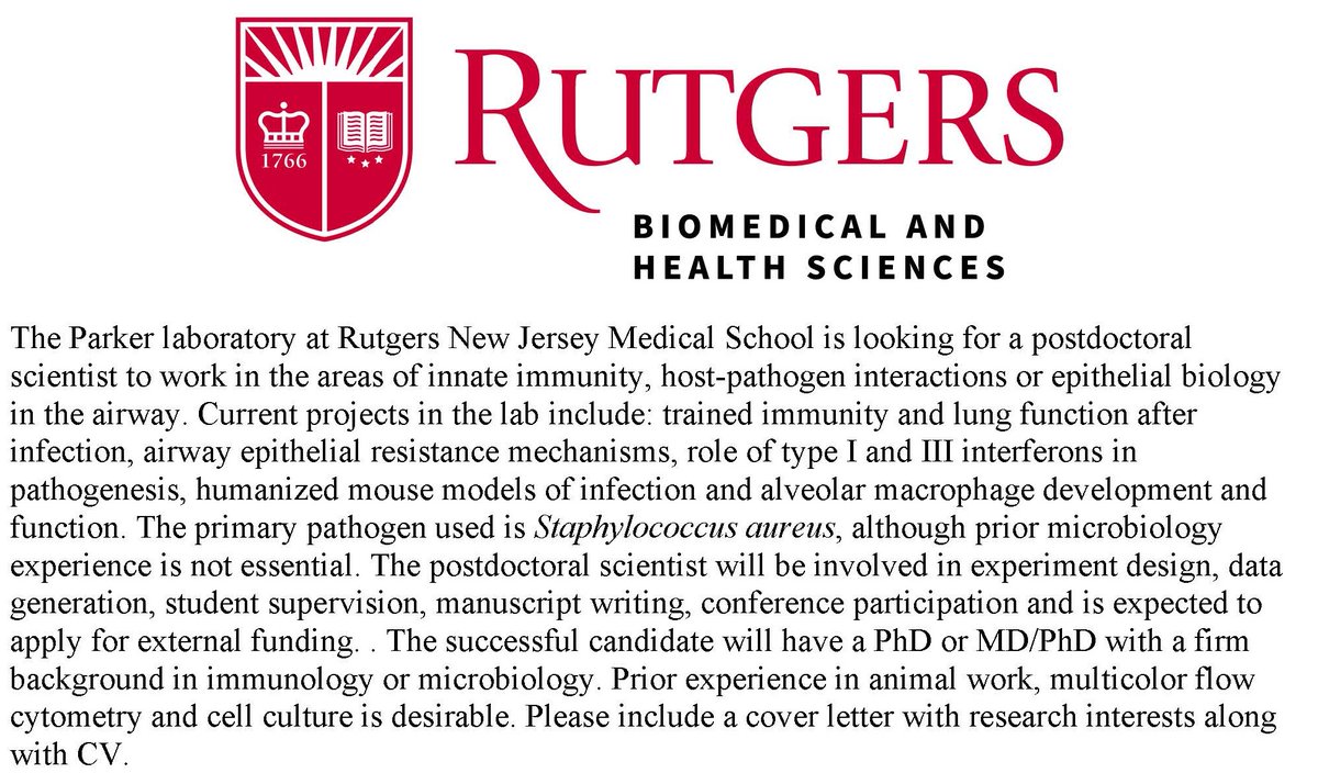 Dane Parker (@daneparkerlab) on Twitter photo We are looking for a #postdoc in host-pathogen interaction and innate immunity! Projects include #trainedimmunity #interferons #humanizedmice #alveolarmacrophages #lung. <a href="/RutgersU/">Rutgers University</a> <a href="/Rutgers_NJMS/">Rutgers New Jersey Medical School</a> @RutgersBHS We are looking for a #postdoc in host-pathogen interaction and innate immunity! Projects include #trainedimmunity #interferons #humanizedmice #alveolarmacrophages #lung. <a href="/RutgersU/">Rutgers University</a> <a href="/Rutgers_NJMS/">Rutgers New Jersey Medical School</a> @RutgersBHS