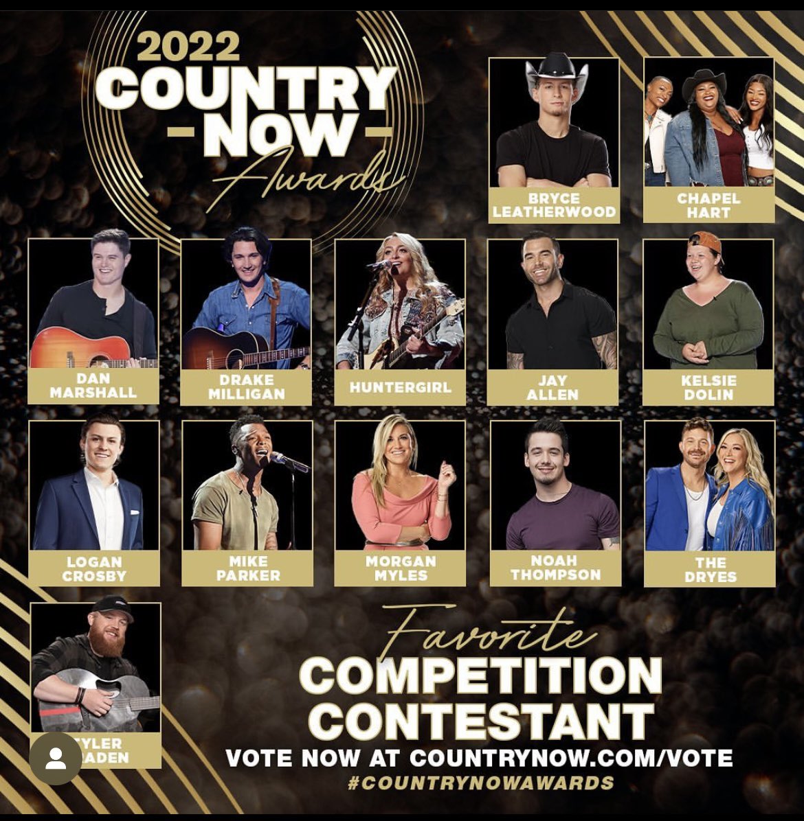 Very Honored to be nominated for the 2022 Country Now Awards! Thank you all. #TheVoice #TeamBryce #BryceLeatherwood