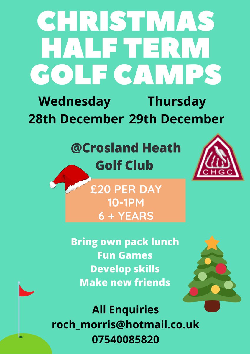 Rochelle Morris (@rochellemorris) on Twitter photo 🎅🏼 Christmas Junior Half Term Golf Camps <a href="/CroslandHeathGC/">Crosland Heath Golf Club</a>
⛳️ 10-1pm 28th & 29th December
🎄Contact roch_morris@hotmail.co.uk or 07540085820 to book a spot
#juniorgolf #huddersfield #golfcamp #growthegame 🎅🏼 Christmas Junior Half Term Golf Camps <a href="/CroslandHeathGC/">Crosland Heath Golf Club</a>
⛳️ 10-1pm 28th & 29th December
🎄Contact roch_morris@hotmail.co.uk or 07540085820 to book a spot
#juniorgolf #huddersfield #golfcamp #growthegame