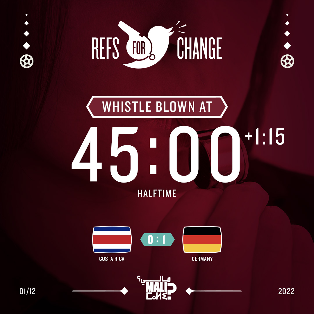 MALImaroc's tweet photo. 45’00”+01'15" #CostaRica 0-1 #Germany The halftime whistle was blown! Here’s for more women in sports. #AliceMilliat was a French athlete who pushed for the inclusion of women's events in the Olympic Games. #stephaniefrappart #RefsForChange #FIFAWorldCup #Qatar2022 @kasimf https://t.co/VRh76BTTJf