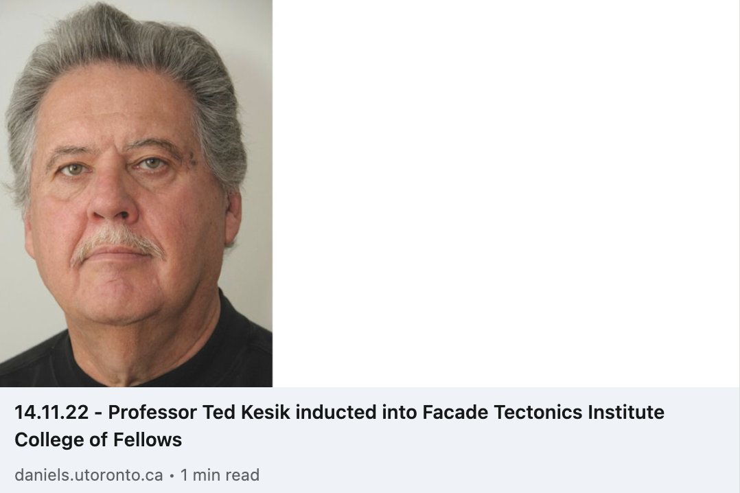 The Daniels Faculty’s Ted Kesik, Professor of Building Science, has been made a Fellow of the California-based Facade Tectonics Institute (FTI) @FacadeTectonics. Read the full story: bit.ly/3ATcTUX #UofT