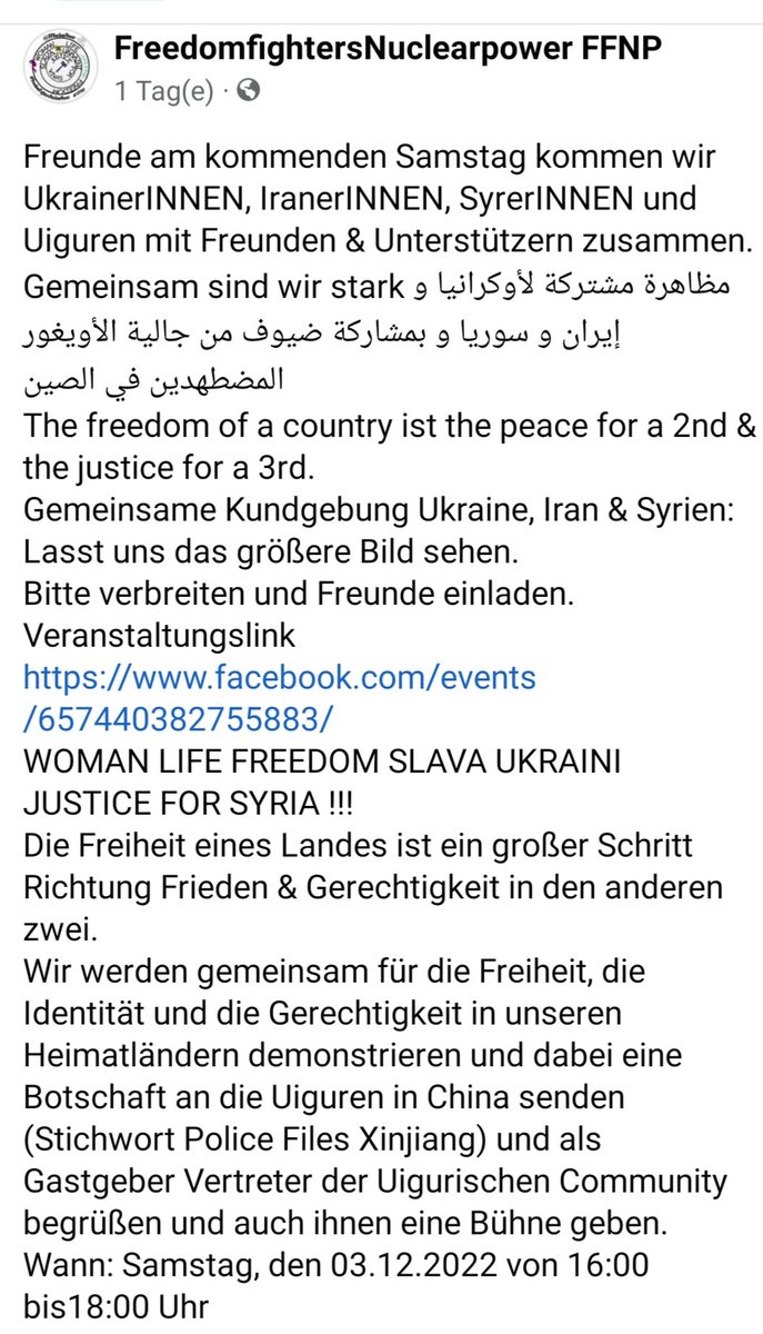 can_asgar's tweet photo. Komm vorbei, mach mit!
Wir sind dabei. Wo bist du?

Nieder mit Diktatoren !
Nieder mit Besatzungsmächten !
Es lebe Freiheit, Menschenrechte und Demokratie. 

Freedom for Uyghurs, Ukraine, Syrian and Iranian populations https://t.co/Fxo47OXEUf