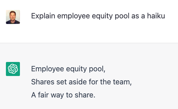 - Explain 83(b) election as a country song
- Explain Delaware franchise tax as a rap song
- Explain QSBS as a poem
- Explain employee equity pool as a haiku