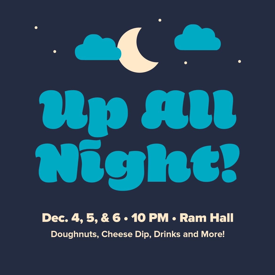 STUDENTLIFEUM's tweet photo. Up All Night is BACK! New students, we are so excited for your to experience this UM Tradition. Up All Night occurs during finals week and is put on by your professors! Our Professors join together to provide snacks, drinks, &amp; a place for you to study! https://t.co/3Zms7sAeIa