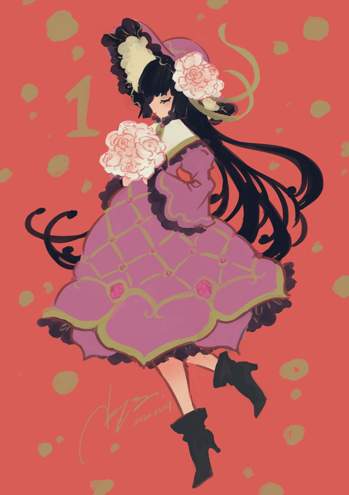 1girl dress flower solo bonnet long hair black hair  illustration images