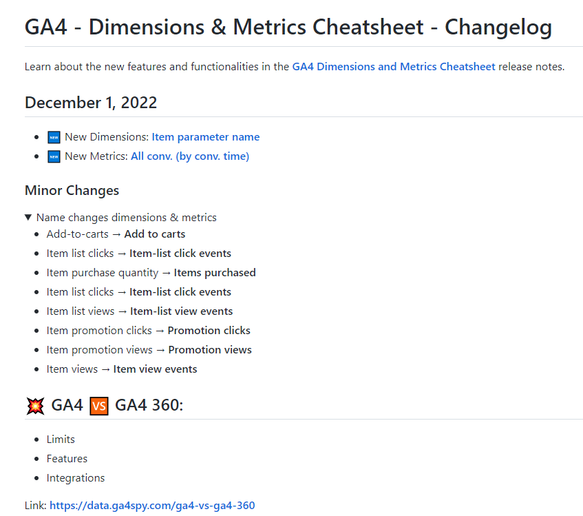 braiscv's tweet photo. 🆕GA4 Chuleta - Última actualización

Nueva dimensión:
- Item parameter name: Otra señal más de que están trabajando en las dimensiones de ámbito item

Nueva métrica:
- All conv. (by conv. time): Se corresponde a la métrica All conv.(by conv. time) en Ads

https://t.co/Ln8ktpzpFy https://t.co/kOaoW4Qa7Q