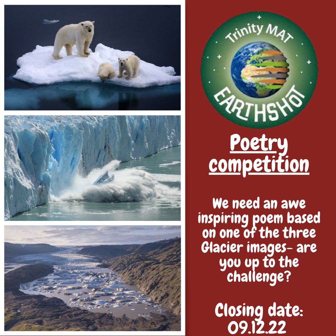 Welcome to the first ‘Decade of Expression’ competition! Want to get involved? You need to write a poem inspired by one of the three glacier images. Please bring your completed poems into school by the 9th December 2022. We can’t wait to read your entries! @TMAT_Earthshot @WCSQM