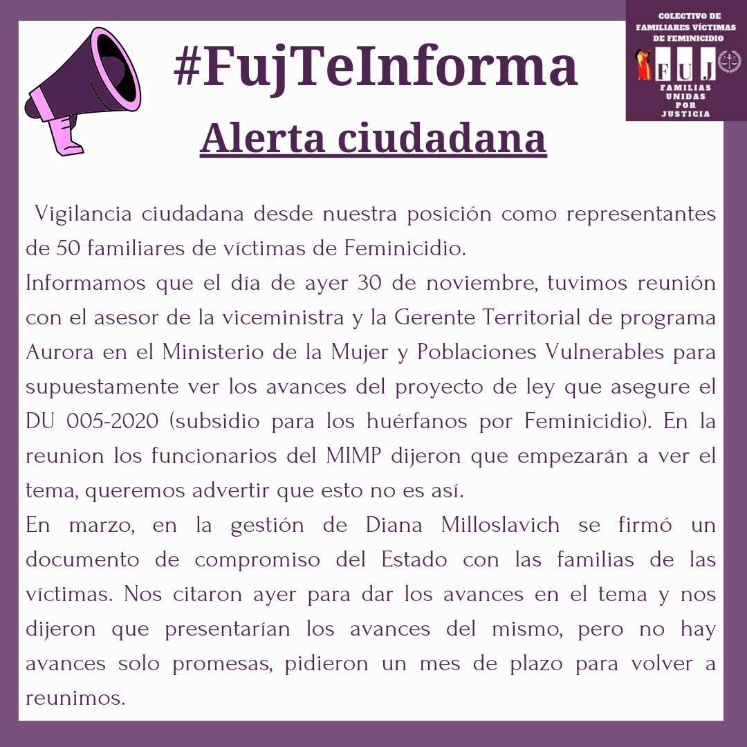 FamiliasNi's tweet photo. #FujTeInforma

Hacemos de conocimiento público, la reunión que el colectivo de Familiares de víctimas de Feminicidio  tuvo en el  Mimp para los avances del proyecto de ley que aseguré un subsidio en favor de los huérfanos por feminicidio. https://t.co/ICY3AspKOr