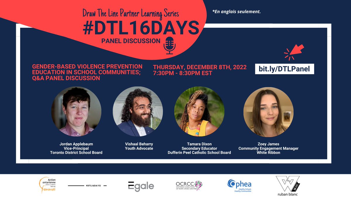 opheacanada's tweet photo. 2/2 This free online panel discussion, developed with @egalecanada @OCRCC_ON @whiteribbon is open to elementary, secondary &amp; post-secondary educators, administrators, staff &amp; community partners.
🔗 https://t.co/xhgX5lQXlD

#DTL16Days #WhereDoYouDrawTheLine #SurvivorsFirst https://t.co/CZw5Vf5cPP