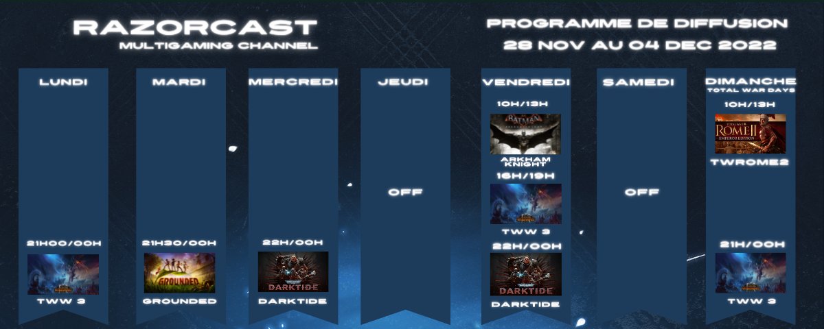 Razorcast_MC's tweet photo. Petites modif de planning https://t.co/xKBeoQ5Jl0