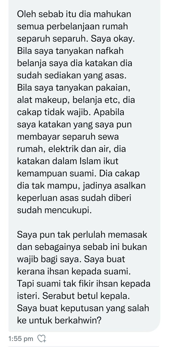 ConfessTweetMY's tweet photo. Suami tak senang hati kena bayar sewa rumah &amp; bil utiliti seorang diri. Menurutnya, isteri patut bayar separuh perbelanjaan.

Katanya dalam islam, suami perlu belanja kena ikut kemampuan shj. https://t.co/TaFCqlSPle