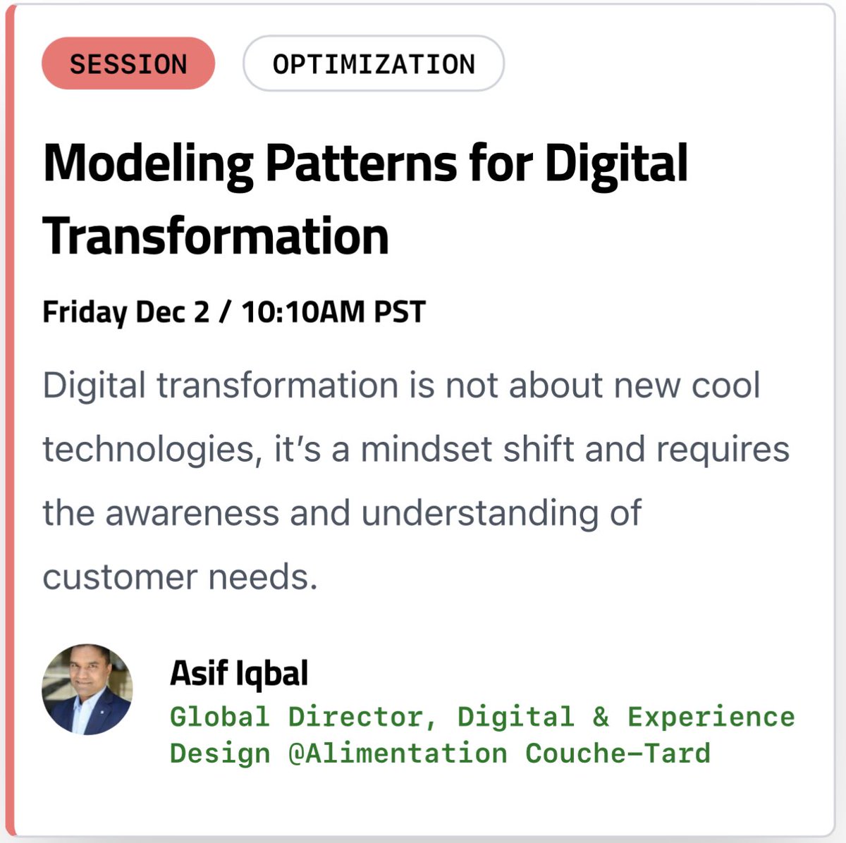 Asif1qbal's tweet photo. Itβs almost time for another talk βModeling Patterns for Digital Transformationβ. I will be discussing some patterns that have worked well in the past for me. Join Optimizing Teams for Fast Flow track at #QConPlus on December 2, 2022 at 10am PSTπ₯ #TheyKeepInvitingMe π€·π»ββοΈ https://t.co/mSZgQsofRe