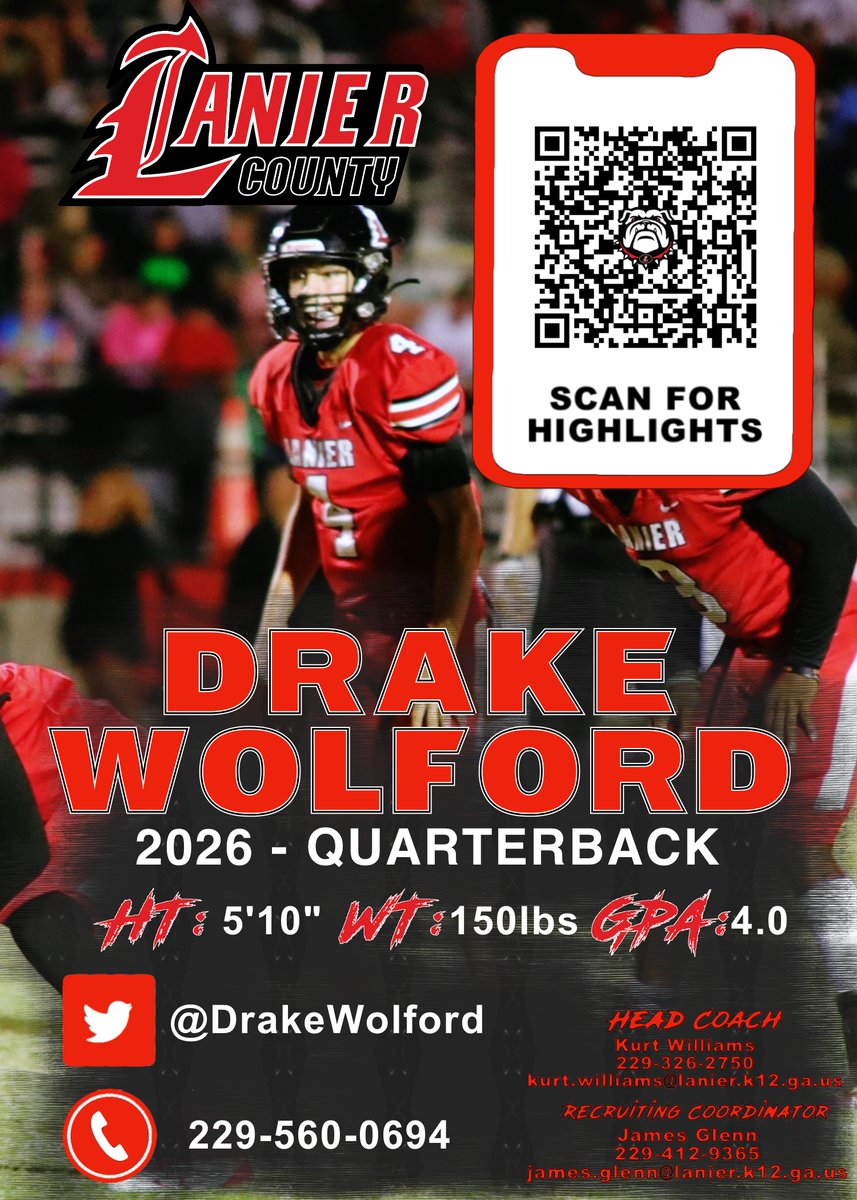 Lanier County HS Football (@laniercountyfb) on Twitter photo FRESHMEN QB1 Drake Wolford <a href="/DrakeWolford/">drake wolford</a> , started all 12 games, threw for over 1400 yards with 12 passing TDs <a href="/RecruitGeorgia/">Recruit Georgia</a> FRESHMEN QB1 Drake Wolford <a href="/DrakeWolford/">drake wolford</a> , started all 12 games, threw for over 1400 yards with 12 passing TDs <a href="/RecruitGeorgia/">Recruit Georgia</a>