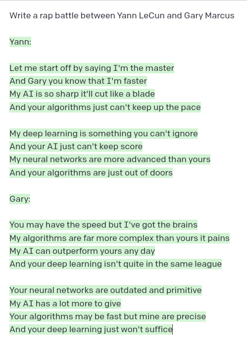hayabhay's tweet photo. last one for today! (ok maybe not)
here's a GPT-3 generated rap battle between @ylecun and @GaryMarcus :) https://t.co/epfJwK7fNO