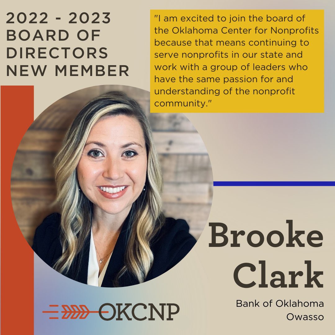 Oklahoma Center for Nonprofits (@okcnp) on Twitter photo Meet a member of our Board!
Brooke Clark is Vice President at <a href="/BOKFinancial/">BOK Financial</a>, where she helps Tulsa-area nonprofits make the most of their resources. Brooke has worked with nonprofits for 12 years, and we appreciate her service! Meet a member of our Board!
Brooke Clark is Vice President at <a href="/BOKFinancial/">BOK Financial</a>, where she helps Tulsa-area nonprofits make the most of their resources. Brooke has worked with nonprofits for 12 years, and we appreciate her service!