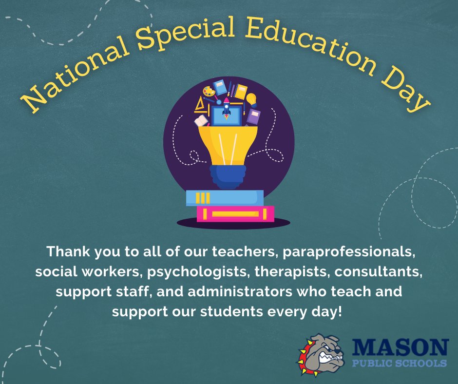 MPSBulldogs's tweet photo. Today is National Special Education Day, which commemorates the signing of the Individuals with Disabilities Education Act (IDEA) into law on this day in 1975. Thank you to our MPS team for all you do! #masonbulldogspride #NationalSpecialEducationDay https://t.co/T2zWSz8ZAQ