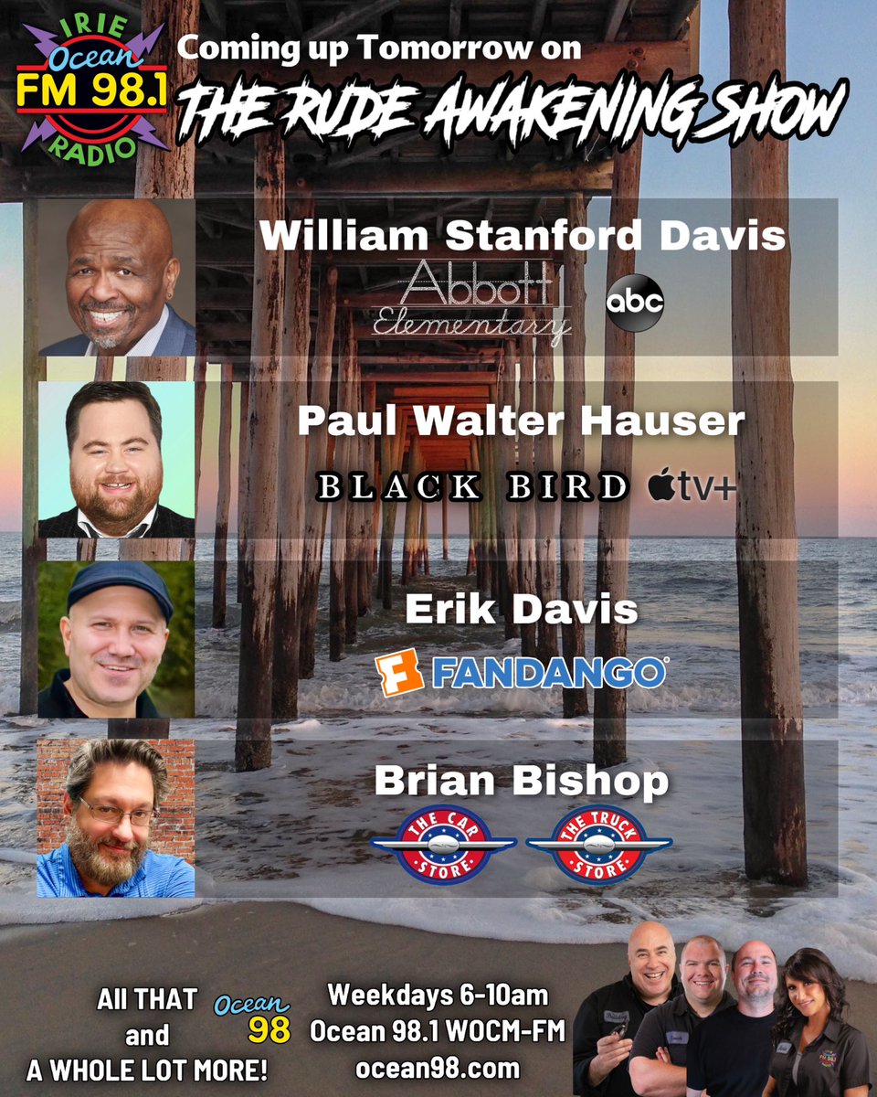 Coming up tomorrow morning! ocean98.com 
#ocean98 #ocmd #enjoyocmd #bulldogsrudeawakeningshow 
#thecarstoremdde #thetruckstoremdde #fandango #vudu #oceancitytoday #malibussurfshop #paulwalterhauser #blackbird #appletvplus #williamstanforddavis #abbottelementary #abc