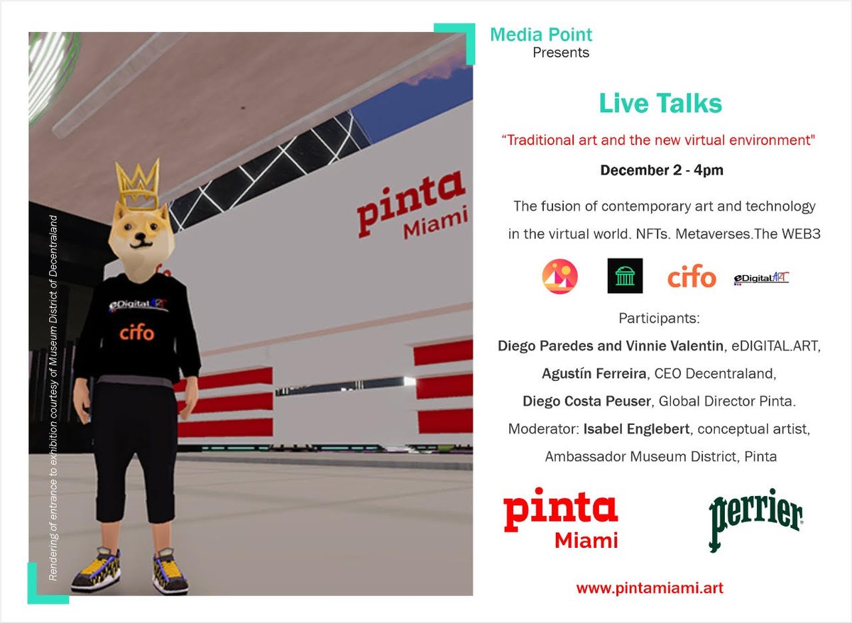 eDigital (@edigital_art) on Twitter photo Join us at 4pm tomorrow at Pinta Art Fair <a href="/pintagroup/">Pinta Group</a> for “Traditional Art and the New Virtual Environment”, a panel conversation exploring the fusion of contemporary art and technology in the virtual world through NFTs, the Metaverse and more. #nft #nfts #cryptoart #digitalart Join us at 4pm tomorrow at Pinta Art Fair <a href="/pintagroup/">Pinta Group</a> for “Traditional Art and the New Virtual Environment”, a panel conversation exploring the fusion of contemporary art and technology in the virtual world through NFTs, the Metaverse and more. #nft #nfts #cryptoart #digitalart