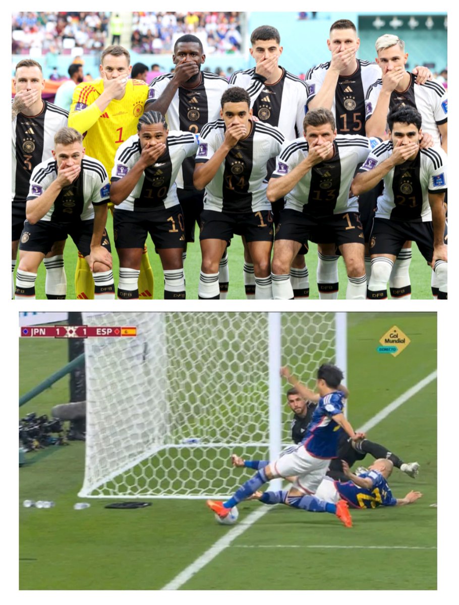 Estas imágenes tienen mucha, mucha relación... Nadie lo va a comentar, pero en el #MundialQatar2022 hay chip en el balón, fueras de juego por 5mm... Y un balón que sale fuera claramente no se aprecia??🤔 <a href="/fifaworldcup_es/">Copa Mundial FIFA 🏆</a> 
#MundialRTVE1D 
🤫