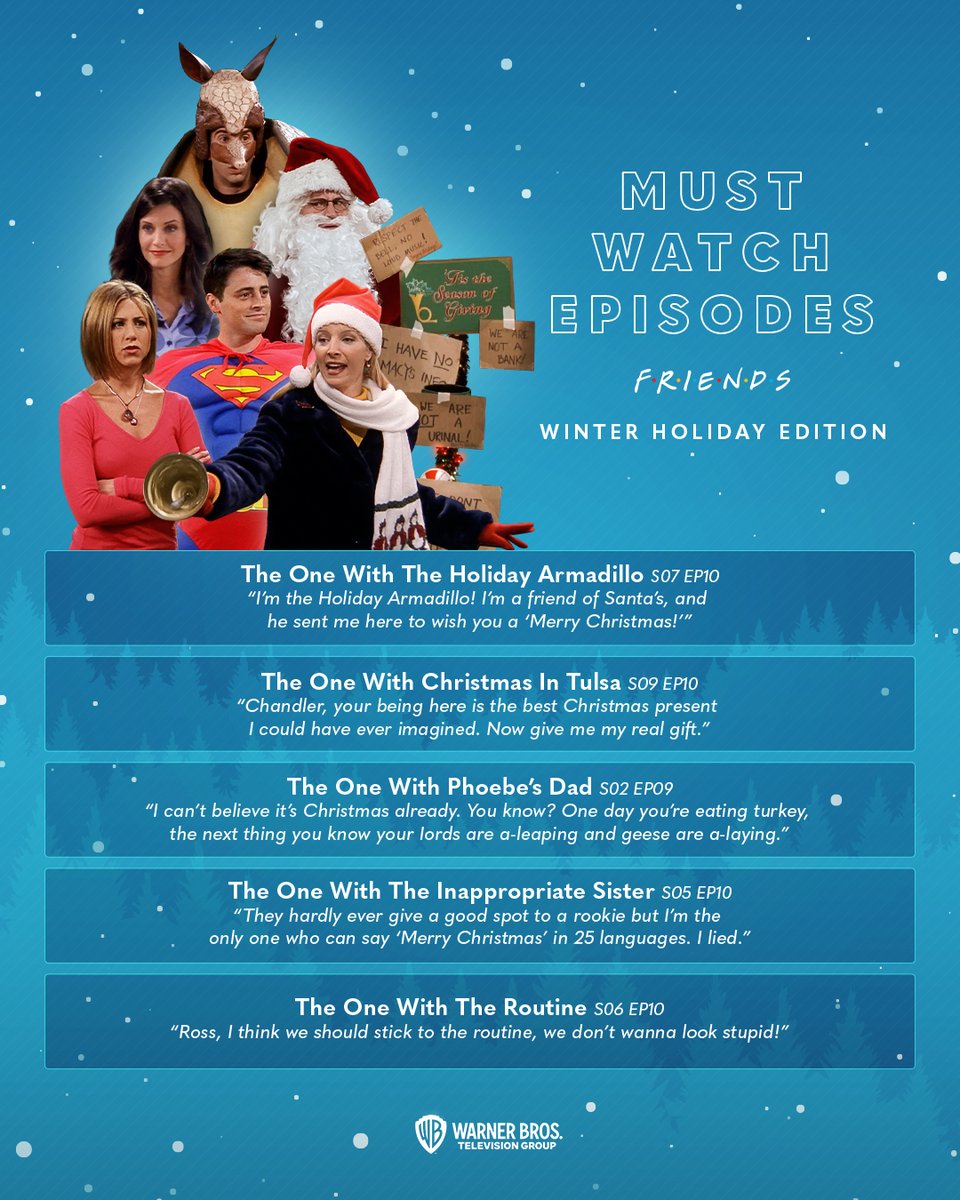 FriendsTV's tweet photo. Friends has your winter holiday watchlist covered! ☃️ https://t.co/Oiz1z9VFJi