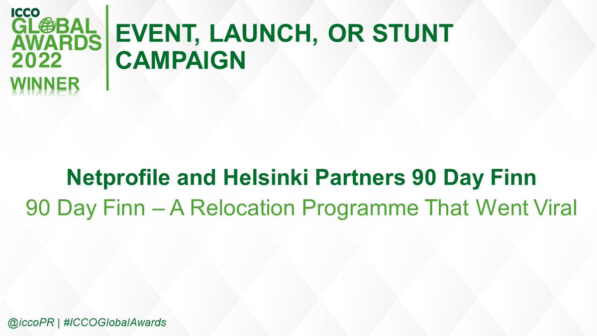 <a href="/Netprofile/">netprofile</a> and <a href="/Hki_Partners/">Helsinki Partners</a> 90 Day Finn have just won the Event, Launch, or Stunt Award!

Campaign - ‘90 Day Finn – A Relocation Programme That Went Viral’. Congratulations!

#ICCOGlobalAwards 🌎🏆