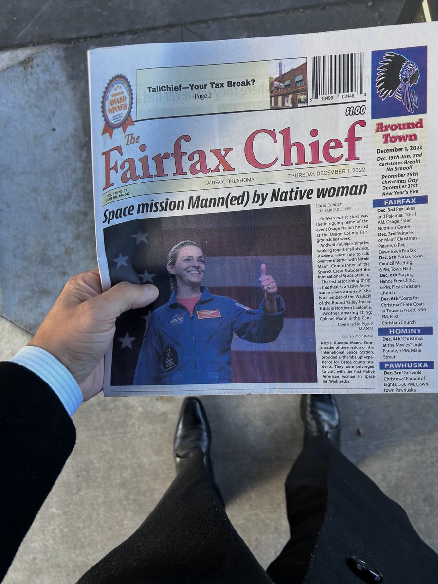 brettachapman's tweet photo. Saw this newspaper and had to get a copy because the headline about the Indigenous astronaut is cool but also for the story about how Native American kids in the Osage Nation got to talk to her in space. Very cool. Get those Native kids into STEM like Nicole Mann! https://t.co/q6uHXn0Qs2
