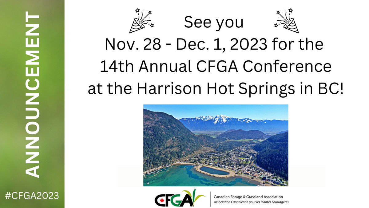 CFGA_ACPF's tweet photo. And another big announcement! CFGA’s 14th Annual Conference is going back to in person in 2023 and we are heading to the Harrison Hot Springs in B.C. Nov. 28 to Dec. 1, 2023. Watch the CFGA website for information as it becomes available. #CFGA23 https://t.co/JbRlYCV6x2