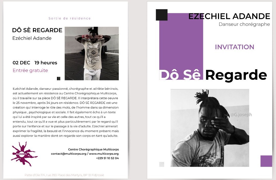 CC_Multicorps's tweet image. Rendez-vous demain  le 02 décembre à 19h au Centre Chorégraphique Multicorps de Cotonou pour le spectacle de la sortie de résidence « DÔ SÈ REGARDE » de Ezéchiel ADANDE. Venez nombreux !
Contact: +229 51105204
Adresse: Patte d’Oie 174, rue 393 Place des Martyrs, BP 10 Fidjrossè