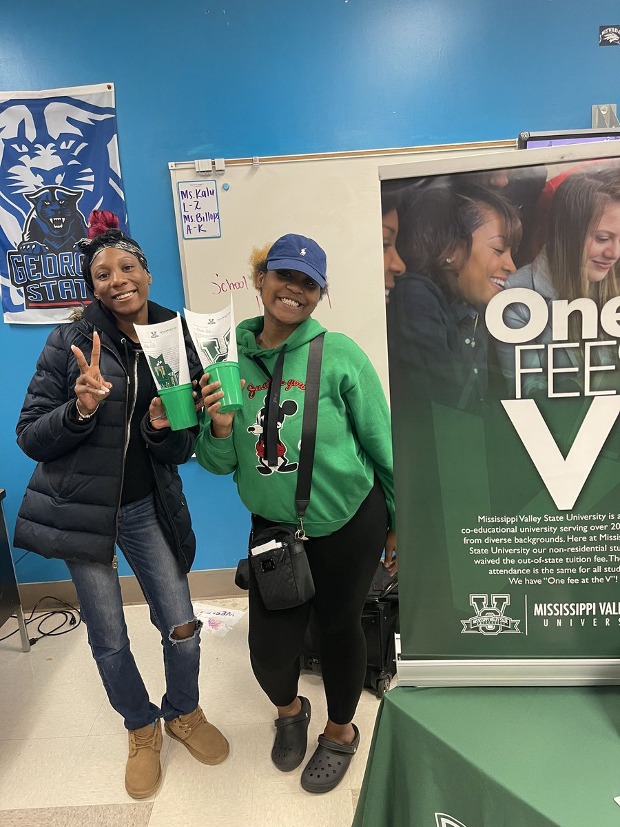 BuffordMEd's tweet photo. Thank you to Mississippi Valley State University for coming out today! 40+ students received on site admissions! 💚🤍 @MVSUDEVILS #HornetsGoingToCollege #CollegeBound #GOATClass https://t.co/aifmOMOYgV