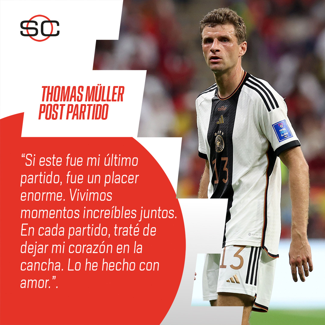SC_ESPN's tweet photo. ¡BOMBAZO! Thomas Müller, luego de la eliminación de Alemania en #Qatar2022, dijo que no continuará jugando en la Selección.

📺 #ESPNQatarEnStarPlus https://t.co/HcOae0Cms9