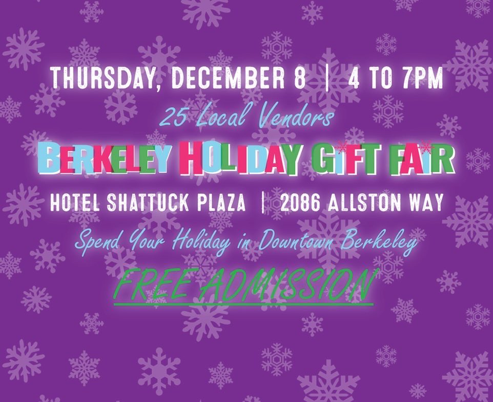 VisitBerkeley's tweet photo. Featuring 25 local vendors, The @BerkeleyChamber 4th annual Holiday Gift Fair is Thu, Dec 8th 4-7pm at @hotelshattuck! Eco-friendly gift wrapping courtesy of @RotaryBerkeley. 
🎁 https://t.co/RkyWTCUL65 #berkeley https://t.co/S1uQ2sGnt5