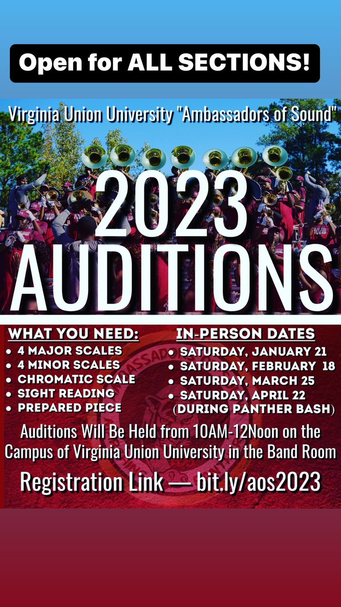 VUUAOSBand's tweet photo. It’s that time! Come and join “The Hardest Working Band in the CIAA”
.
These dates are open to ALL SECTIONS! https://t.co/88TaWdcN7T
