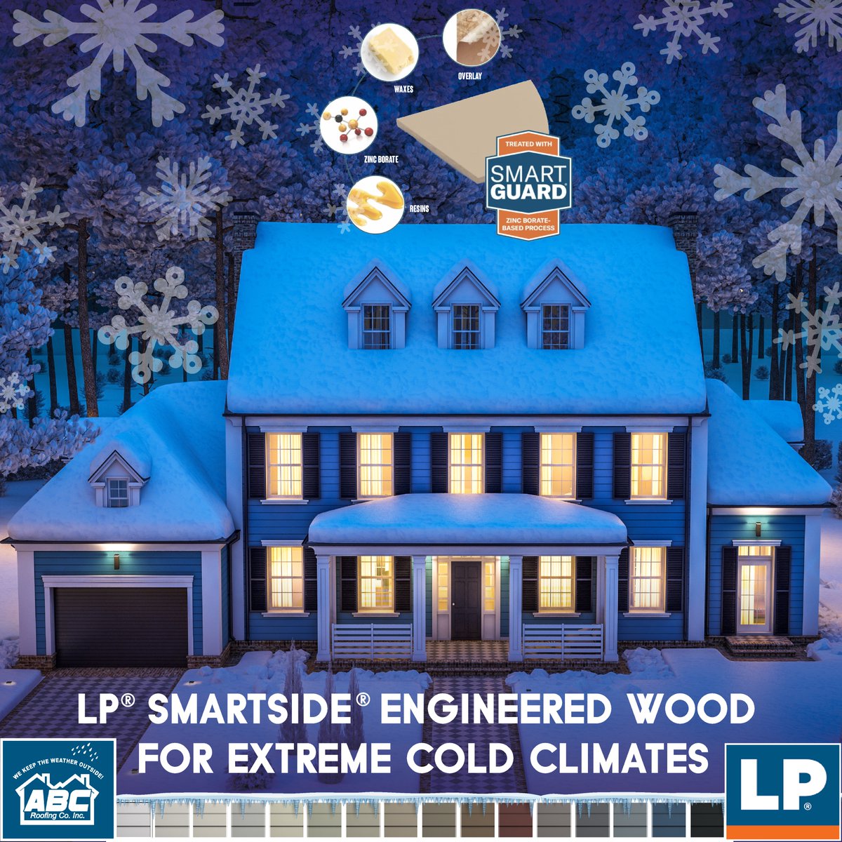 ABC_Roofing's tweet photo. One of the biggest siding problems for cold climates is  the freeze/thaw cycle. In winter months, the cycle causes moisture to be trapped in the siding material, causing ice on siding and causing the siding to expand as it freezes. LP SmartSide offers protection against this! https://t.co/xEtRPEe5Hr