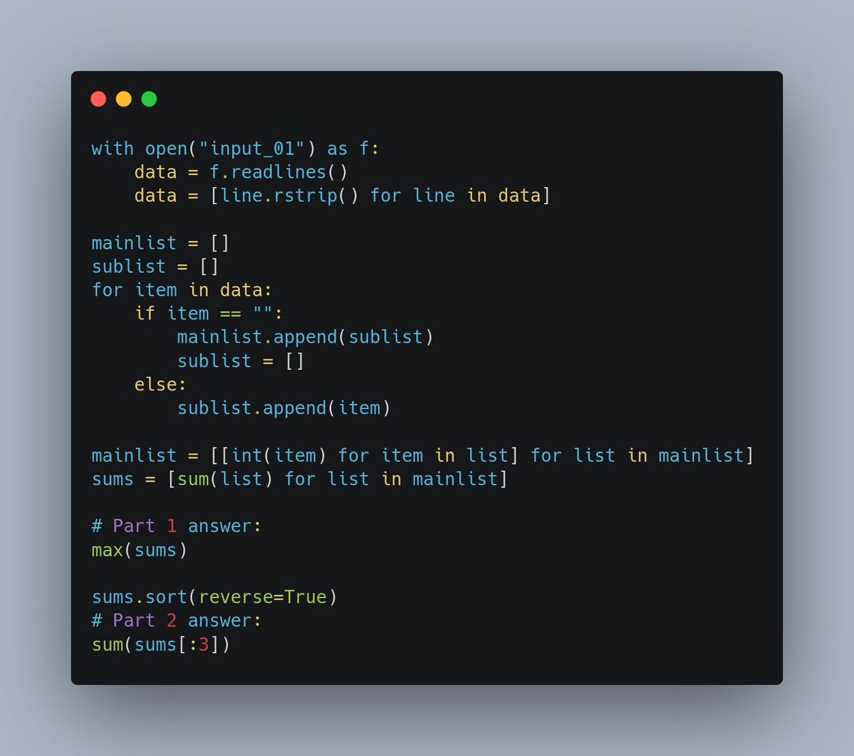 kustav_sen's tweet photo. I've completed "Calorie Counting" - Day 1 - Advent of Code 2022 https://t.co/8KmBlOXFUY #AdventOfCode 

Planning to use these puzzles to practice python this year! Publishing my solutions on github as well: https://t.co/Slczg4qNUE https://t.co/JIzPWKCCbw