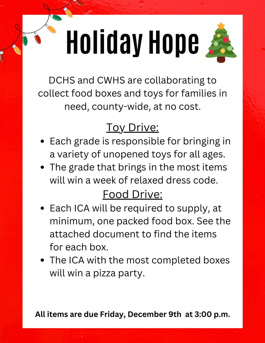 Red Hawks!! Next week will be the collection week for the Holiday Hope Toy and Food Drive in collaboration with DCHS💙❤️💙🧡 SENIORS- please bring in as many unopened toys as you can, the grade level with the most will earn relaxed dress code!!