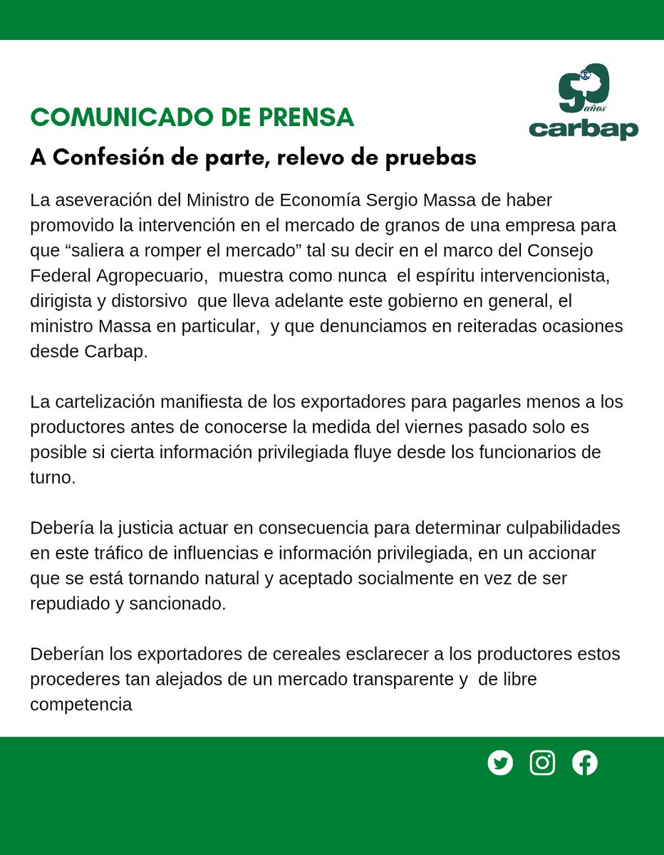 🟢 Comunicado de Prensa 🟢

#Granos #Exportaciones
#Massa #CARBAPDice #CARBAP