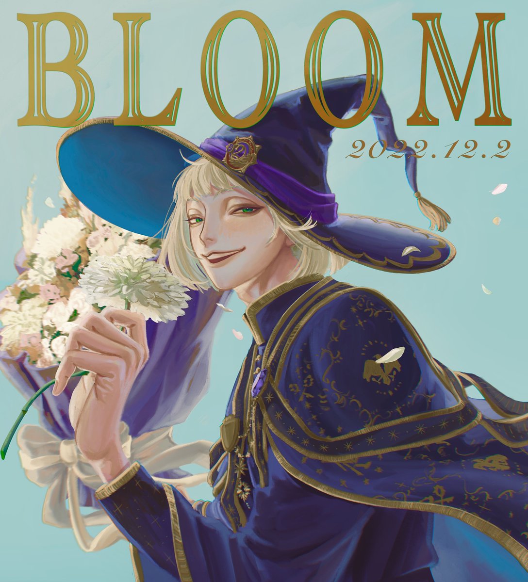 flower male focus 1boy hat bouquet solo blonde hair  illustration images