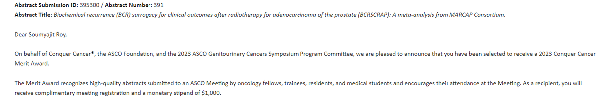 Soum_Roy_RadOnc's tweet photo. Thank you @ASCO. Truly fortunate to have stellar mentorship 4m @AmarUKishan & @DrSpratticus for another #MARCAP work. See you in #GUASCO Feb 23. Awards won this year:
#ESMO - Travel Grant
#ASTRO - Abstract Award
#ASCO - Merit Award
@RushRadOnc @GauravMarwahaMD @DrNikhilJoshiMD https://t.co/ynfedPI3y8