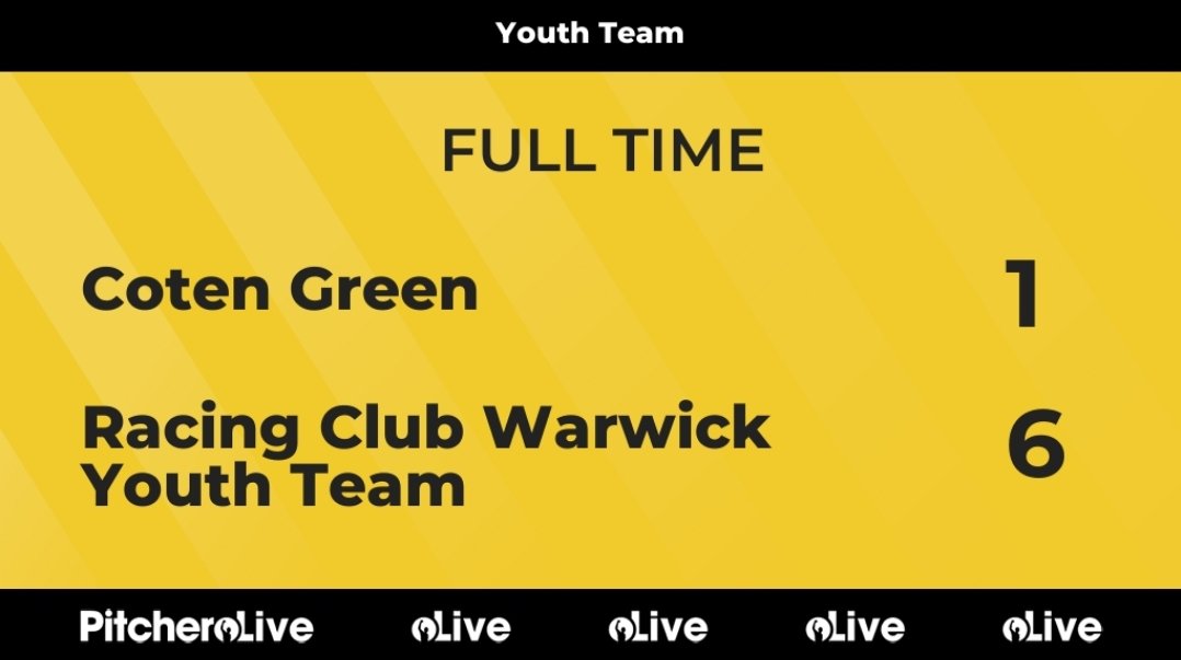 RCWFC's tweet photo. Full-Time | Youth Team: Coten Green 1-6 Racing Club Warwick

Youth through to the next round after a brilliant second half display 

Goals:
O.Wilson ⚽️ 
M.Mukaba ⚽️
F.Alberghini ⚽️⚽️
K.Ruddock⚽️
L.Fuller⚽️

#UTR 🟡⚫️ https://t.co/X9qqDY6Q3U