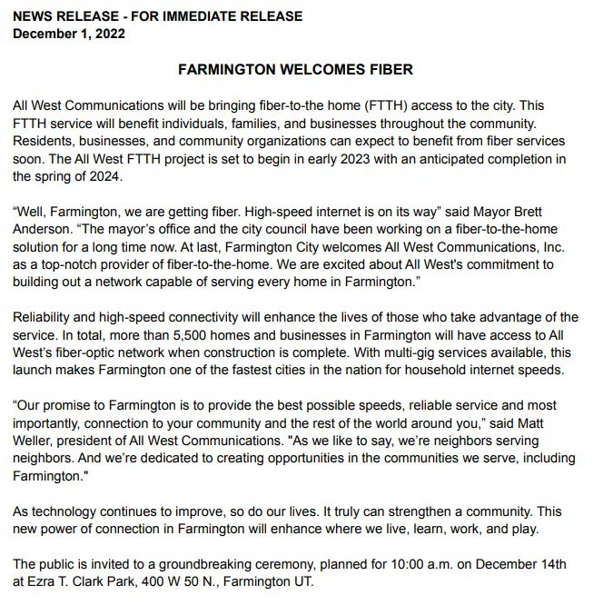 FarmingtonCity's tweet photo. All West Communications Fiber
Coming to Farmington
Groundbreaking 12/14 @ 10 am
Ezra T. Clark Park https://t.co/bDraS0samR