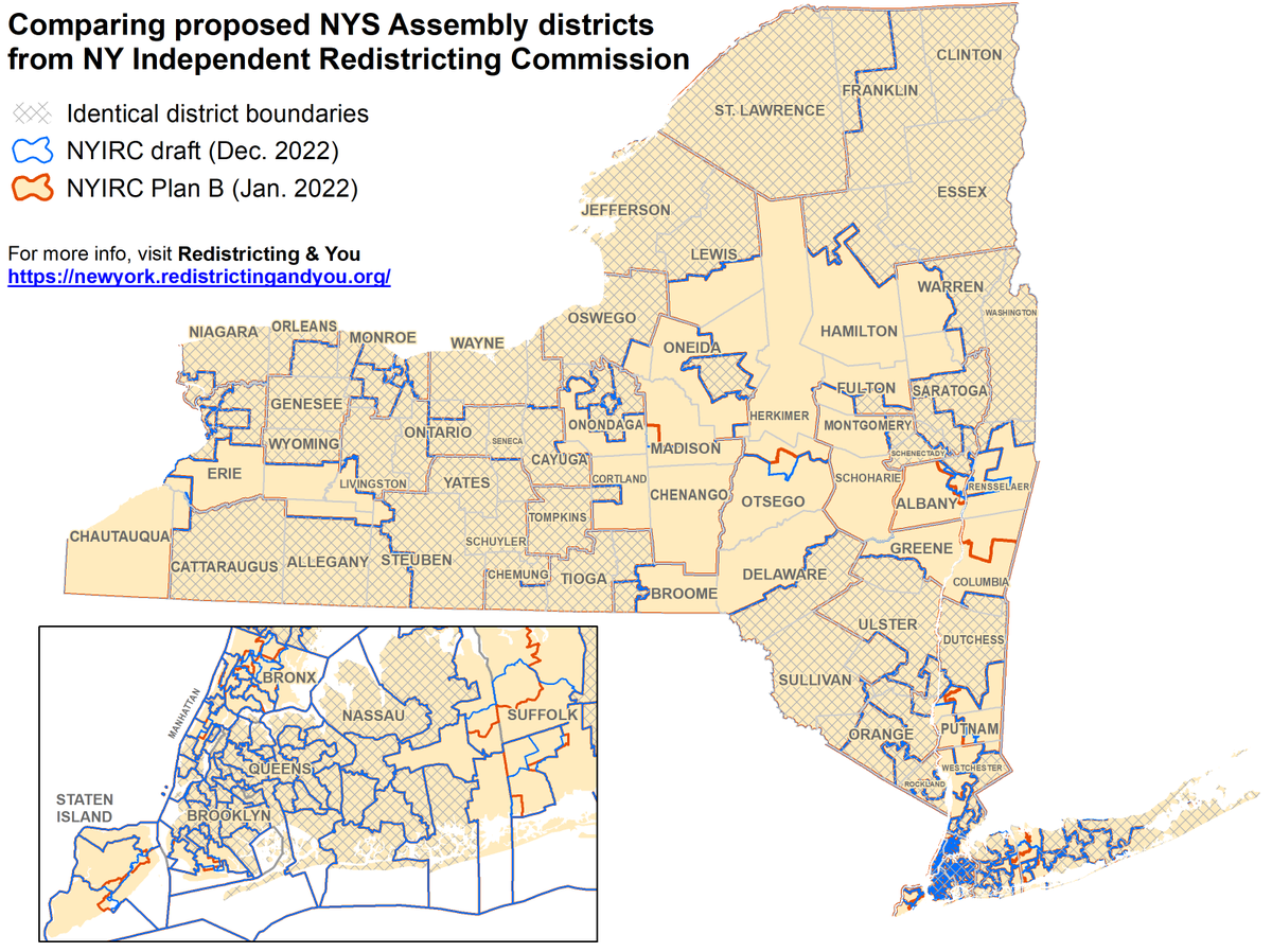 SR_spatial's tweet photo. @JCColtin The map below is busy, but it shows the overlap b/w the @NYS_IRC plans from Jan and Dec 2022. Crosshatching represents the 105 districts that match exactly. https://t.co/KWXbLE5Htr