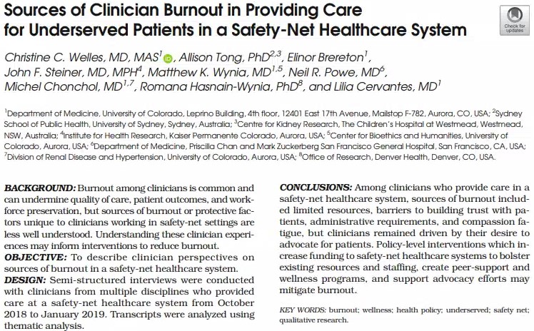 Clinicians in safety-net settings identified sources of #burnout – yet felt solidarity w/colleagues 2 advocate for health equity. Advocacy was protective against burnout. <a href="/Cervantes_Lily1/">Lilia Cervantes</a> <a href="/CUDivHospMed/">CU Anschutz Hospital Medicine</a> @CUDeptMed link.springer.com/article/10.100…