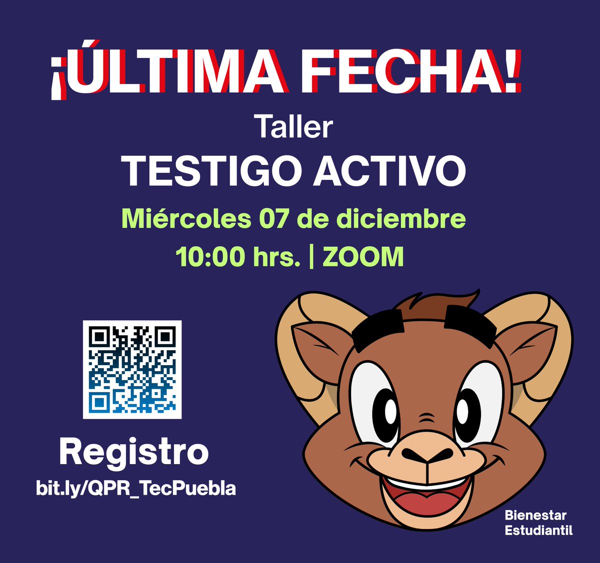 Bien_EstudPUE's tweet photo. Agradecemos a todos lo que se unieron a la red de prevención a lo largo de este semestre. Sí aun no has tenido oportunidad de tomar el taller de TESTIGO ACTIVO, todavía puedes hacerlo el próximo miércoles 7 de diciembre.
¡Regístrate!
#Tqueremos https://t.co/XMZDDj72oV