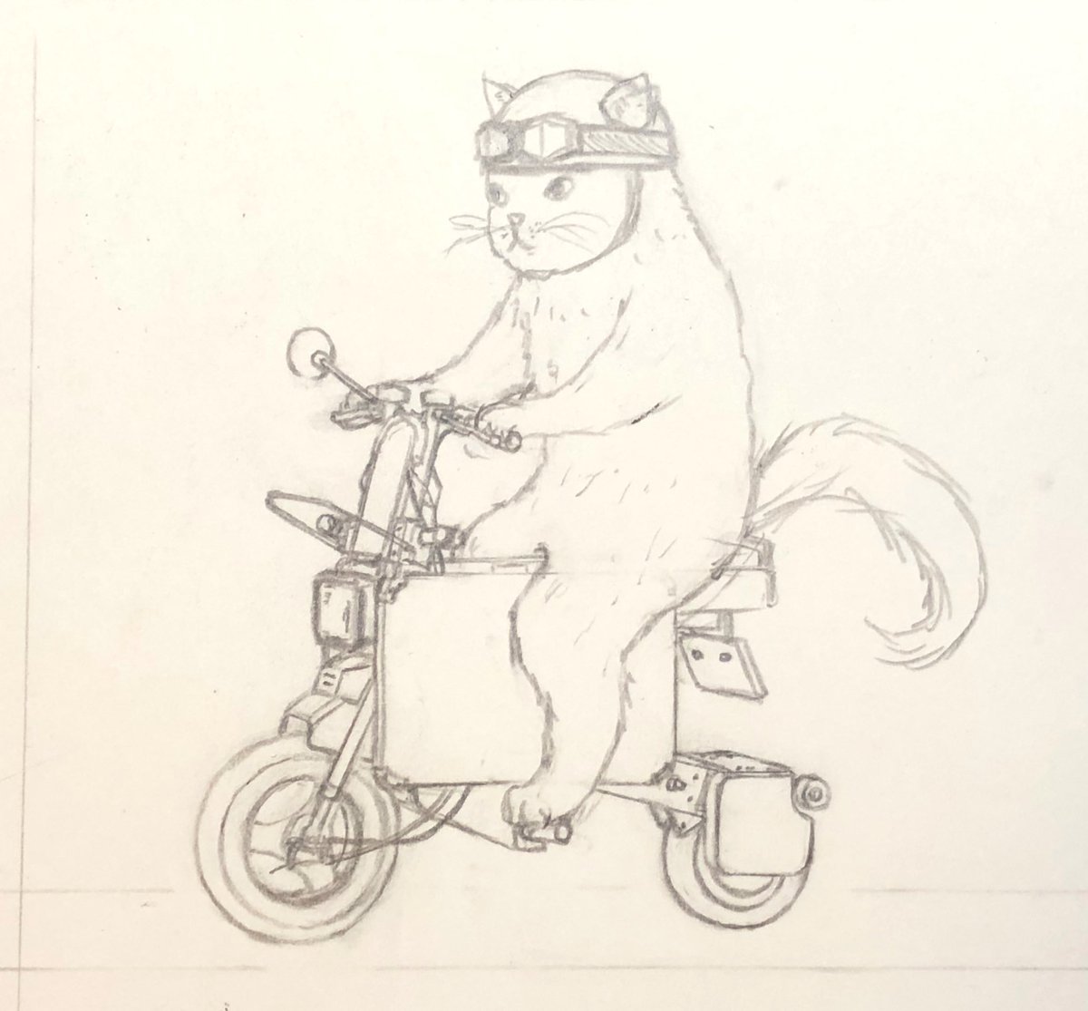 「『サカナ大好きバイク猫』のラフ画ちっこいバイクを描くのは楽しいぞ#線画  #猫 」|エルクポットの動物群像絵🐾のイラスト