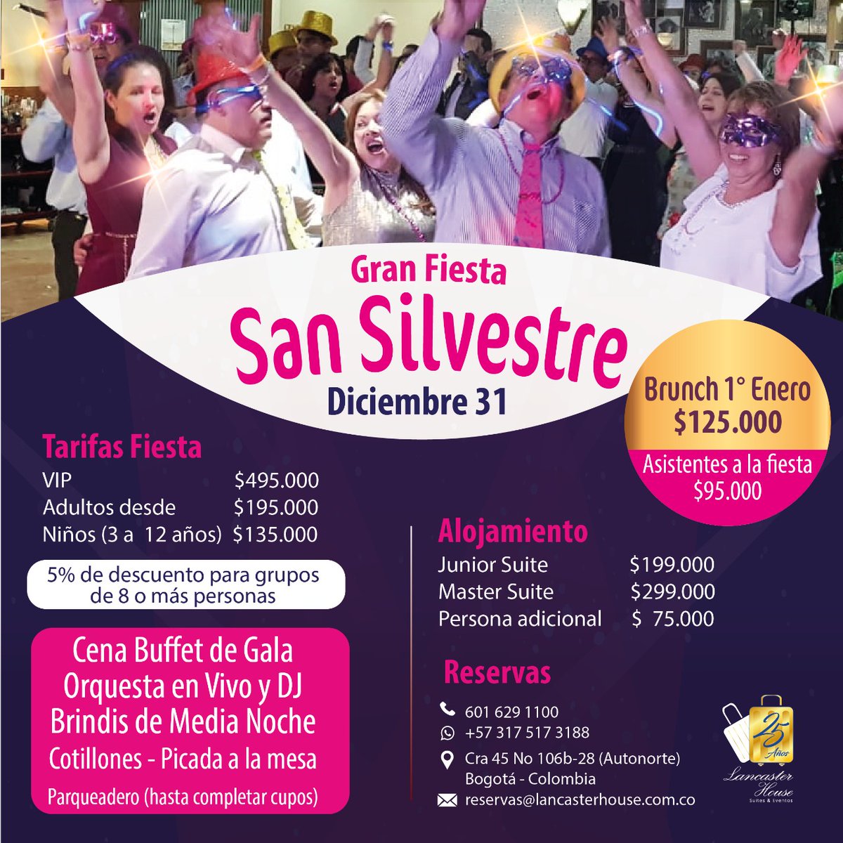 🕺💃LA RUMBA DE FIN DE AÑO ES EN LANCASTER HOUSE 🕺💃
Ven y Celebra San Silvestre con toda tu familia
Reserva tu mesa y alojamiento con anticipación:
📱 317 517 3188
#SanSilvestre #FindeAño #FiestadeAñoNuevo #Findeañoenhotel #añonuevoenfamilia #fiestadesansilvestre