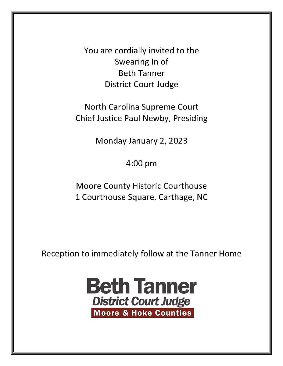 beth_for_judge's tweet photo. Mark it: Monday January 2, 2023! I am so grateful to be sworn in by @paulmnewby. Plus, we will have some other special guests: Judge Lock, senior resident Superior Court Judge District 11B and retired Director of Prisons George Solomon. Please join! #bethtannerforjudge https://t.co/sYKkGKpPEk
