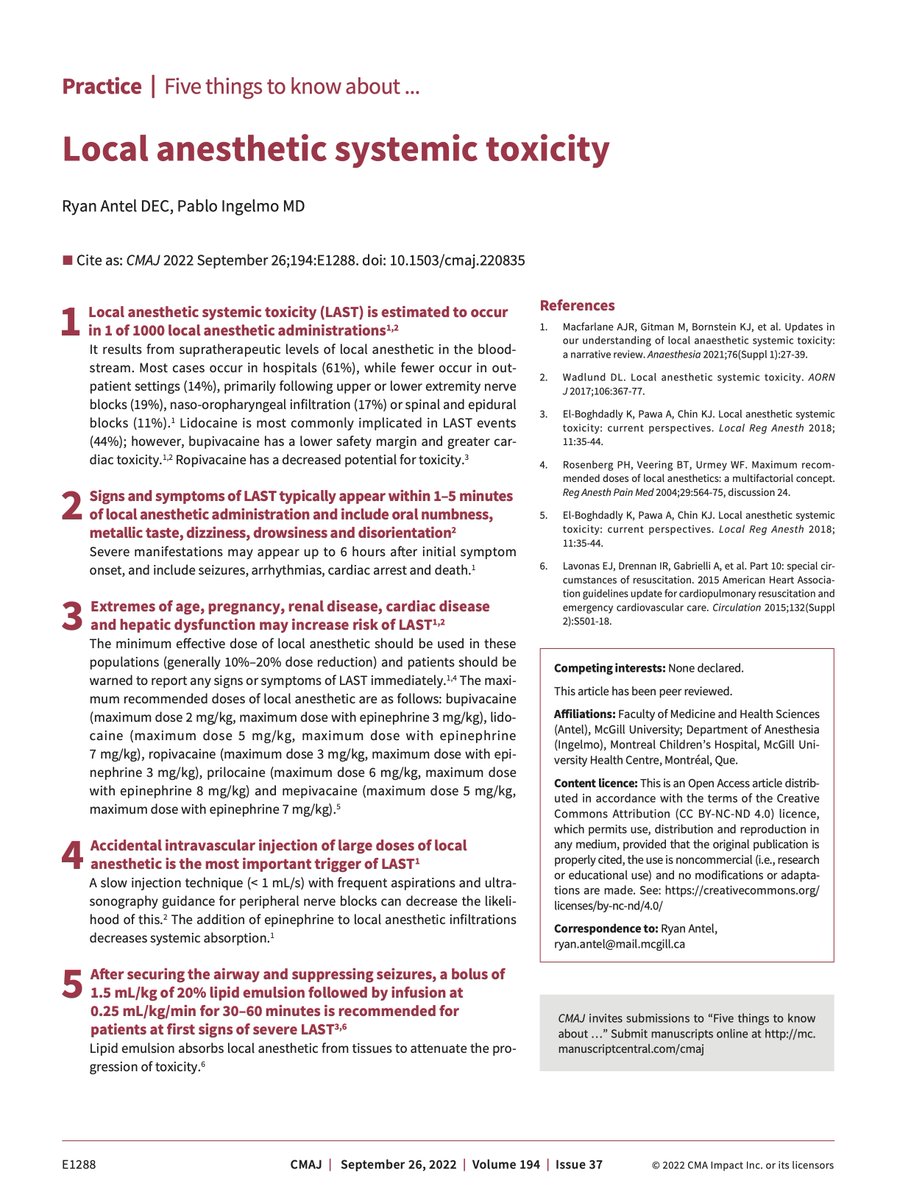For anyone who does #ultrasound-guided nerve blocks, here's a great 1 pager from <a href="/CMAJ/">CMAJ</a> on local anesthetic systemic toxicity (#LAST)
#RegionalAnesthesia #POCUS 

cmaj.ca/content/194/37…