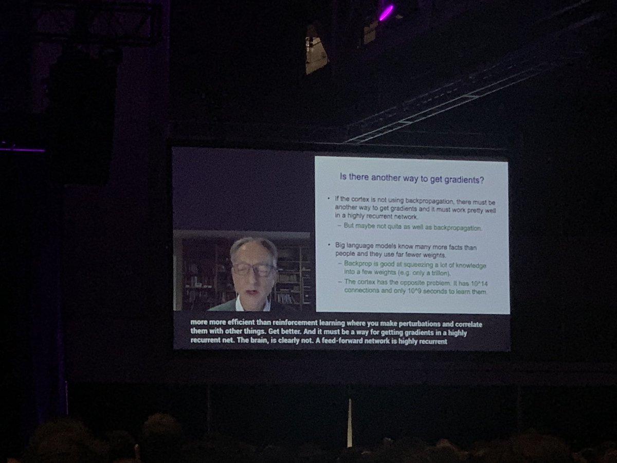 shlizee's tweet photo. Geoff Hinton presents Forward forward networks at #NeurIPS22 plenary. An attempt to substitute back propagation with more biologically plausible learning. https://t.co/ci2j4INDLb