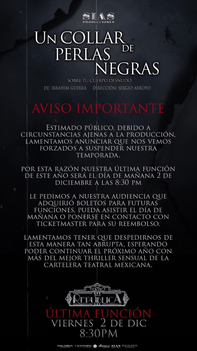 Mañana Ultima Funcion, no te quedes sin verla...

#UnCollarDePerlasNegras

<a href="/nashcasan/">Ignacio Casano</a>